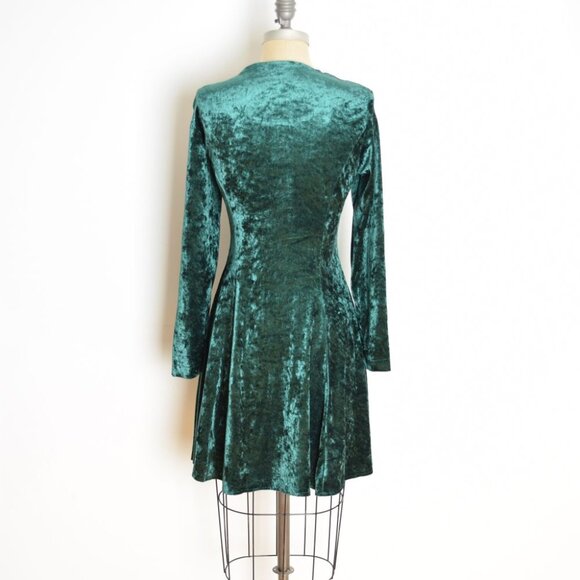 vintage 90s dress forest green crushed velvet knit grunge whimsigoth mini L - Picture 6 of 8